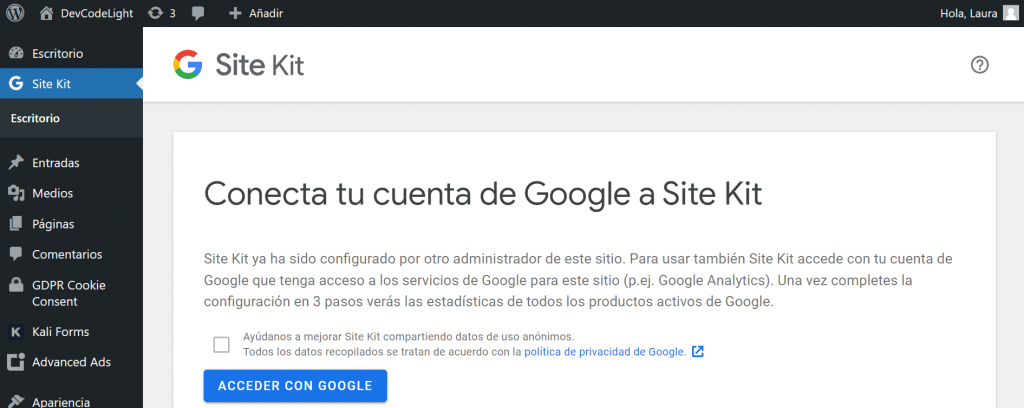 Connect your Google account to Site Kit



